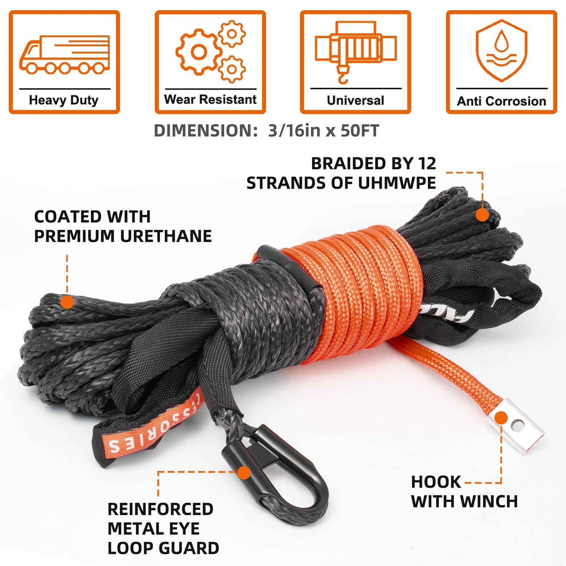 ALL-TOP Synthetic Winch Rope Cable, 3/16" x50ft, 8350LBS Winch Replace Line with Protective Sleeve for Offroad Vehicle ATV UTV