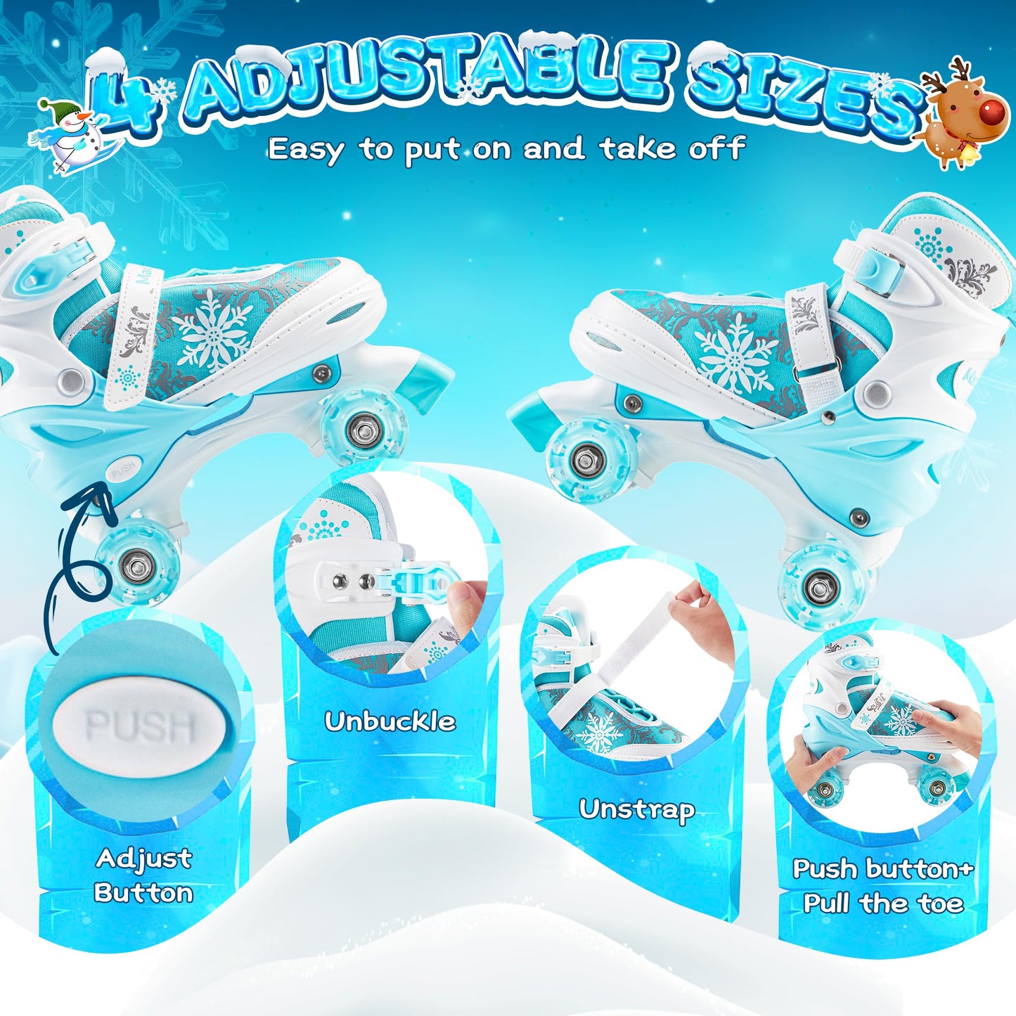 Rotayi Snowflake Roller Skates for Girls,4 Size Adjustable Kids Roller Skates with All Light Up Wheels for Toddler Teens Beginners, Ideal Birthday for Indoor Outdoor Use