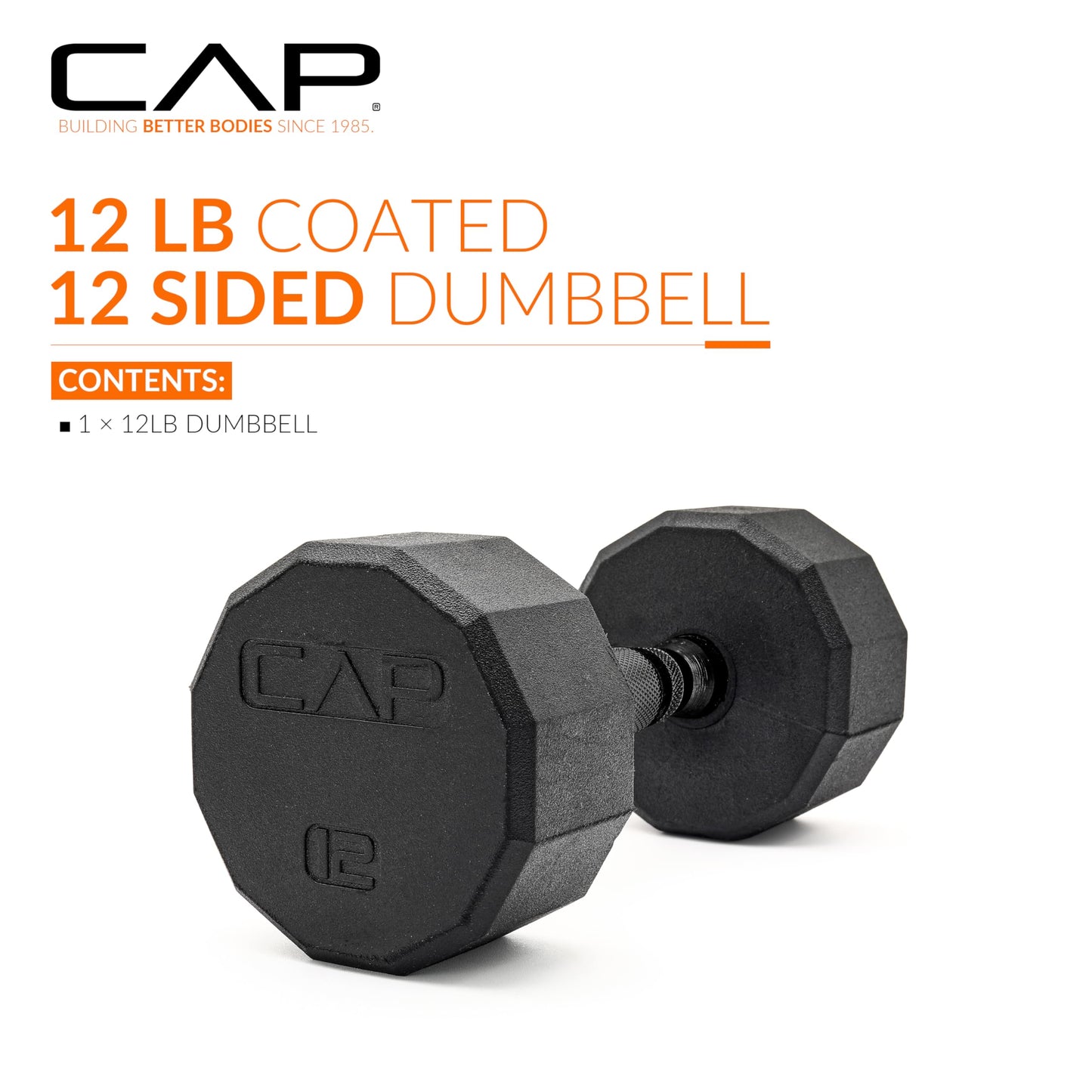 CAP 12 LB 12-Sided Rubber Coated Dumbbell Weight, Rubber Free Weights for Home Gym Strength Training, Black Oxide Handle, Single
