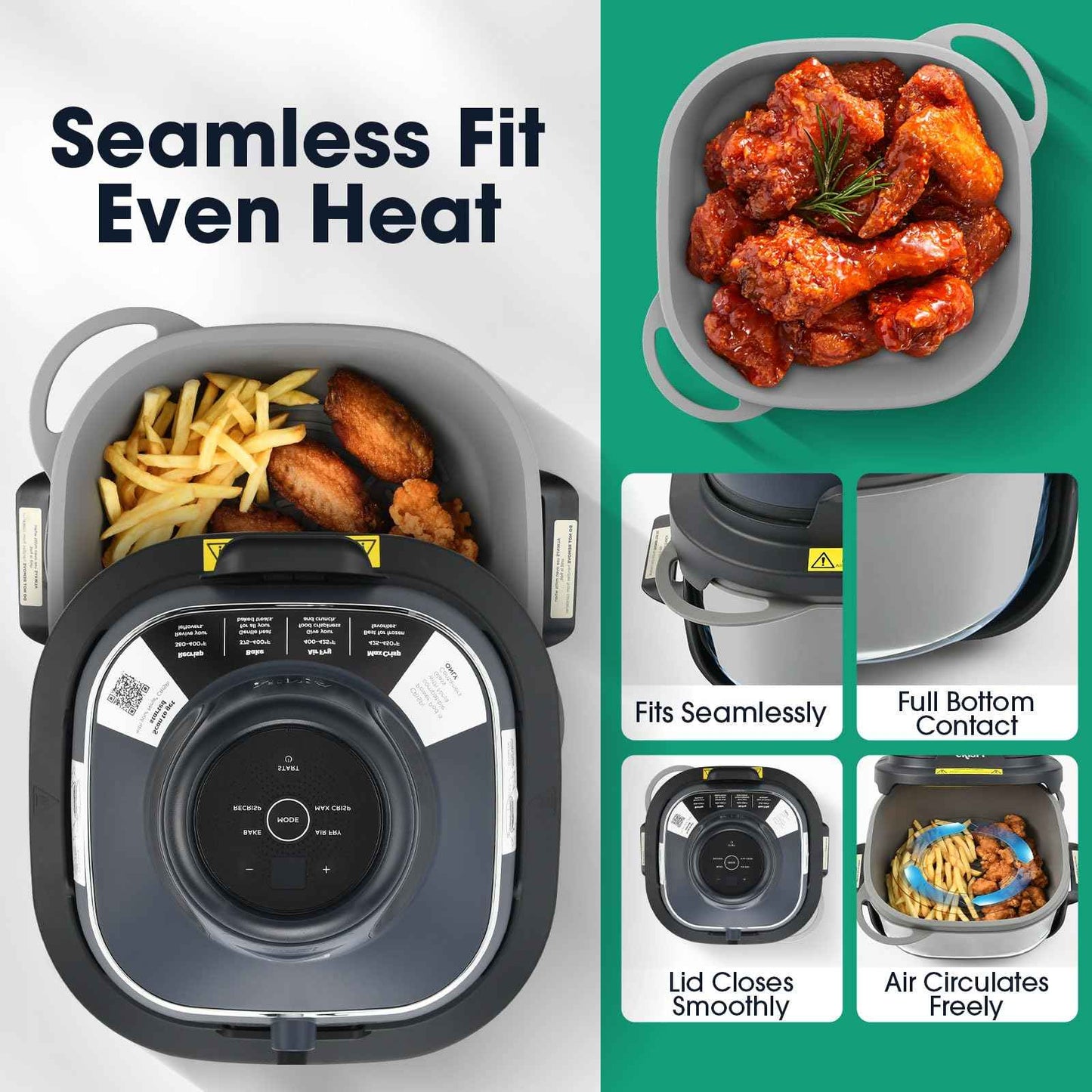 Snuggery FN101GY Silicone Air Fryer Liners for Ninja Crispi Glass Basket – Full-Coverage 4QT 6QT Reusable Nonstick Dishwasher Safe Mat,with Heat Mat and Oil Brush for Mess-Free Cooking