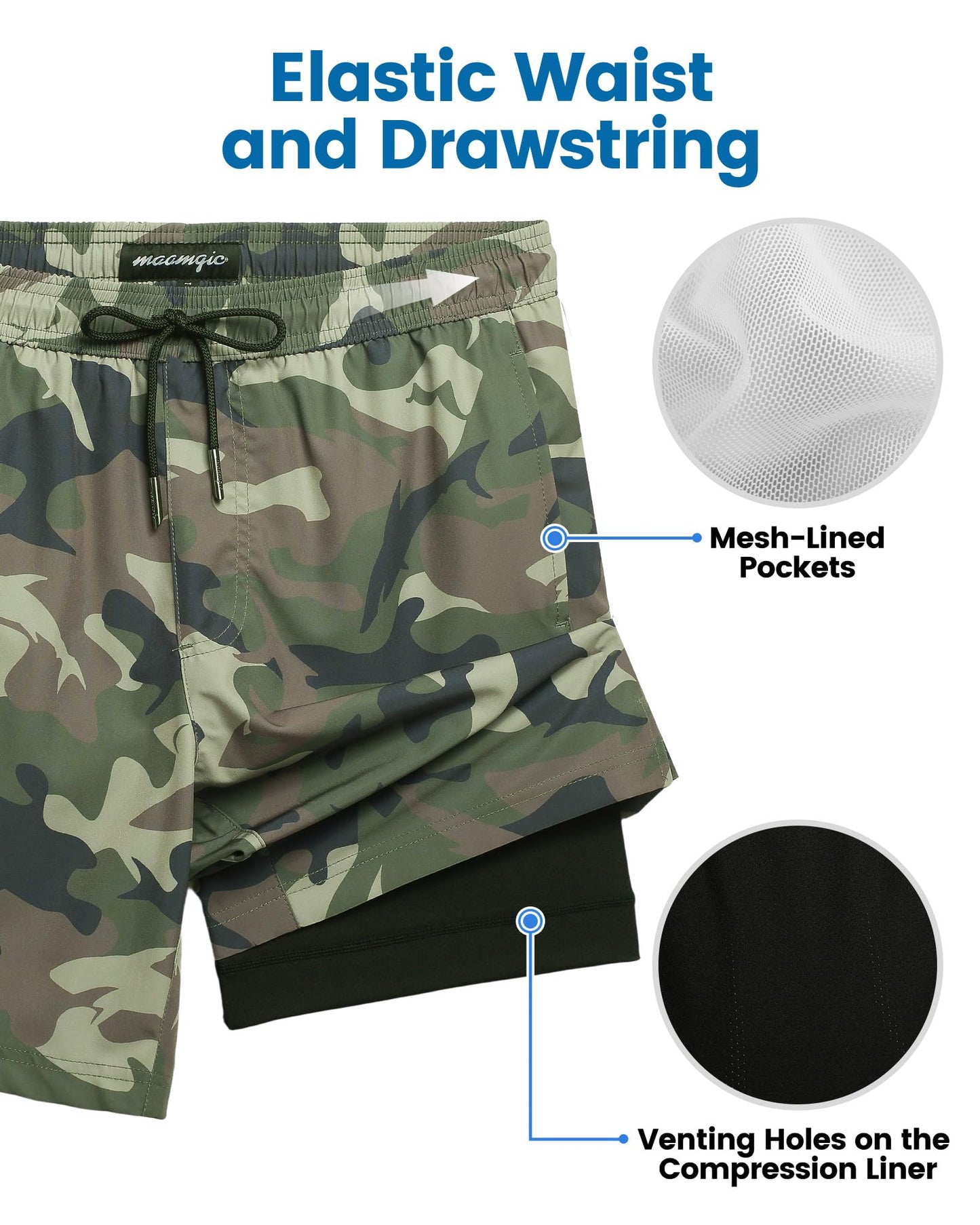 maamgic Mens Swim Trunks with Compression Liner 7 Inch Inseam Mens Bathing Suit Quick Dry Swimming Trunks Swimsuit Camo Medium