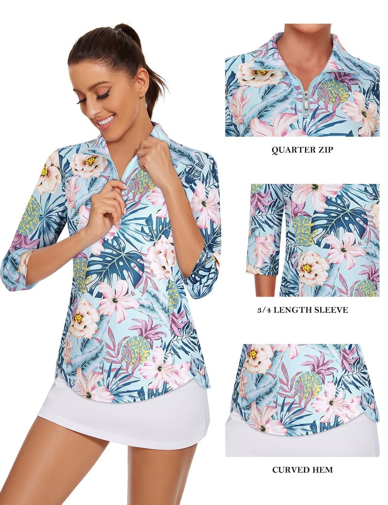 Tanst Sky 3/4 Sleeve Golf Shirts for Women, Women's Workout Tops Half Zip Ladies Trendy Polo with Collar Tennis Running Hiking Yoga Outfits Quick Dry Workout Activewear Floral Blue Large