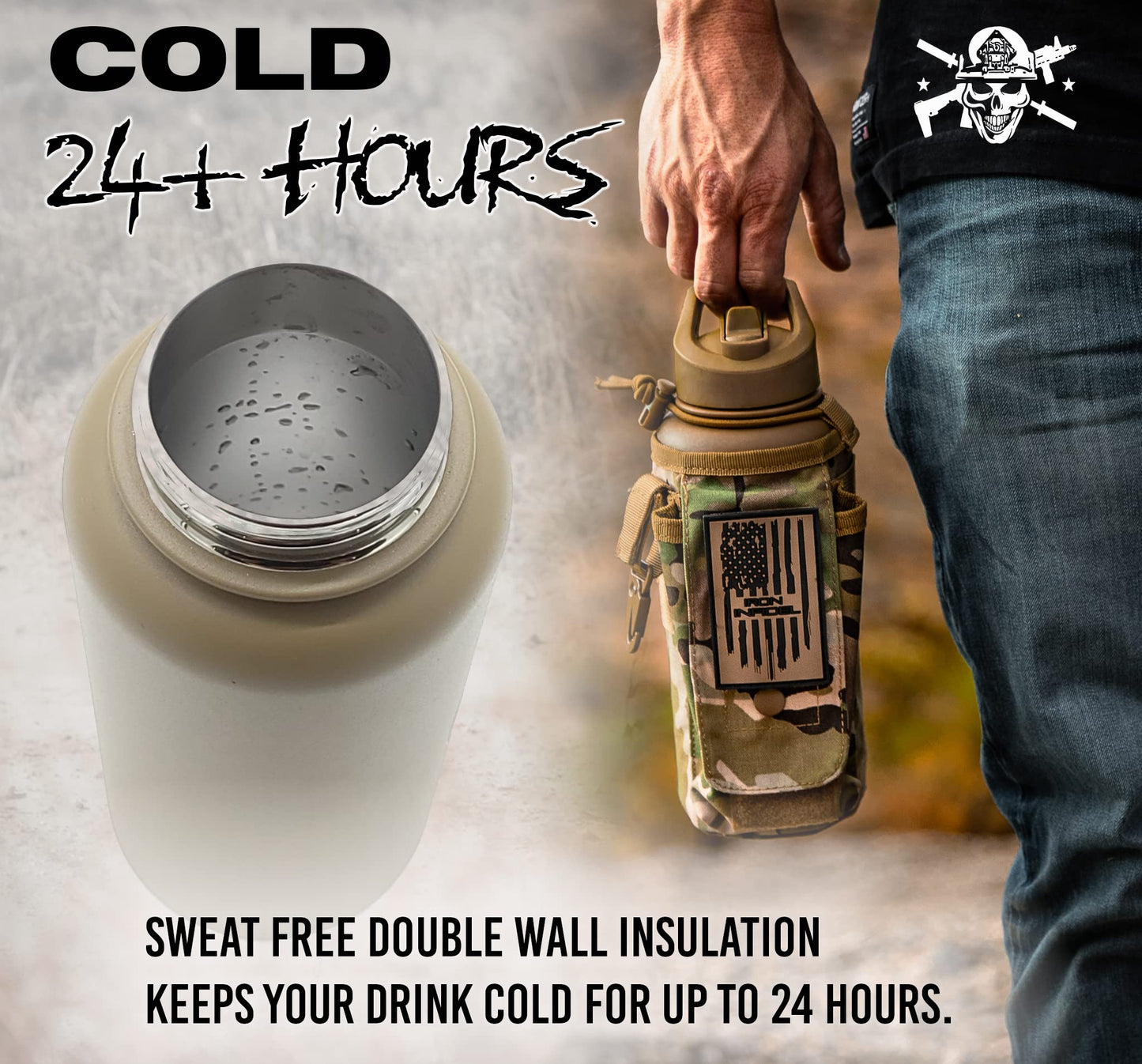Iron Infidel Battle Bottle - 32 Oz Insulated Water Bottle with Straw Lid & Chug Cap, Stainless Steel Metal Tactical Flask With Rugged, Removable Sleeve for Keys & Phone or Wallet (OCP Camo 1 Liter)