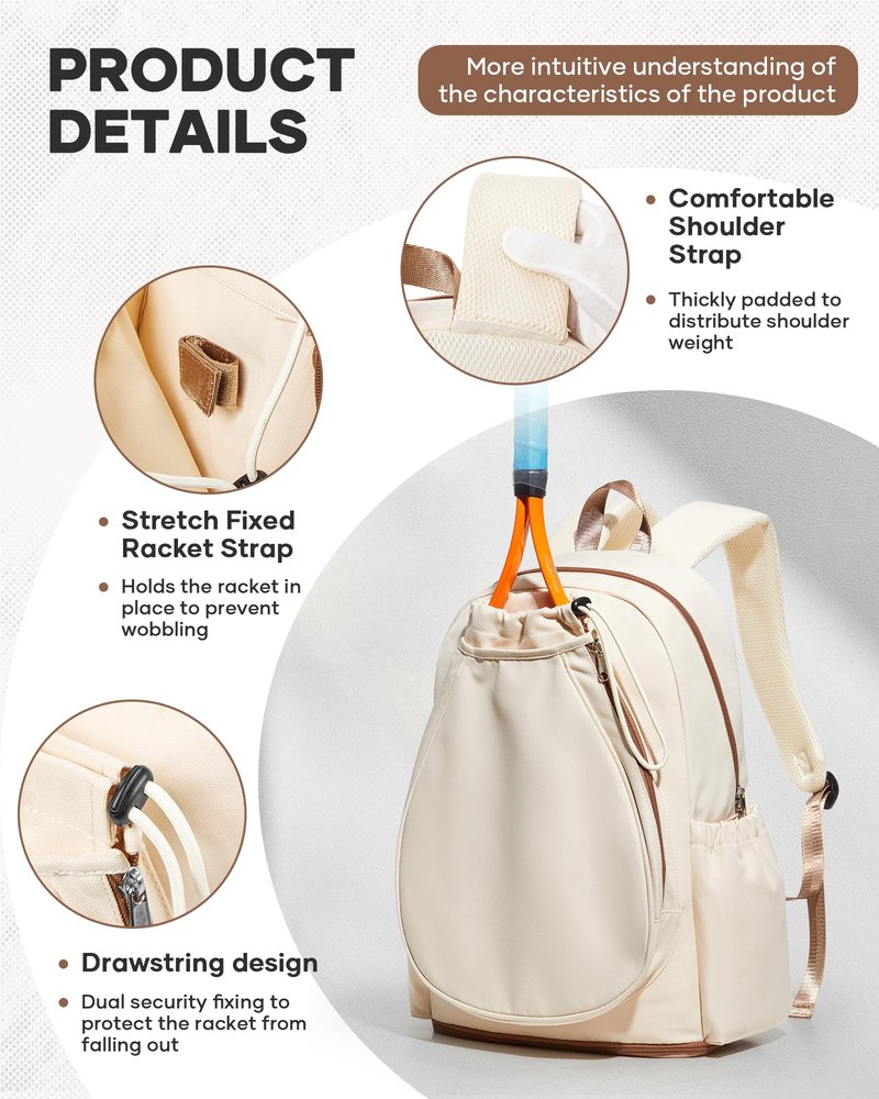 bergsalz Tennis & Pickleball Bag for Women Men, Fits 1 Racket or 2 Paddles, Lightweight Waterproof Tennis Backpack with Shoe Compartment & Wet Pocket For Training, Gym & Travel, Beige Brown