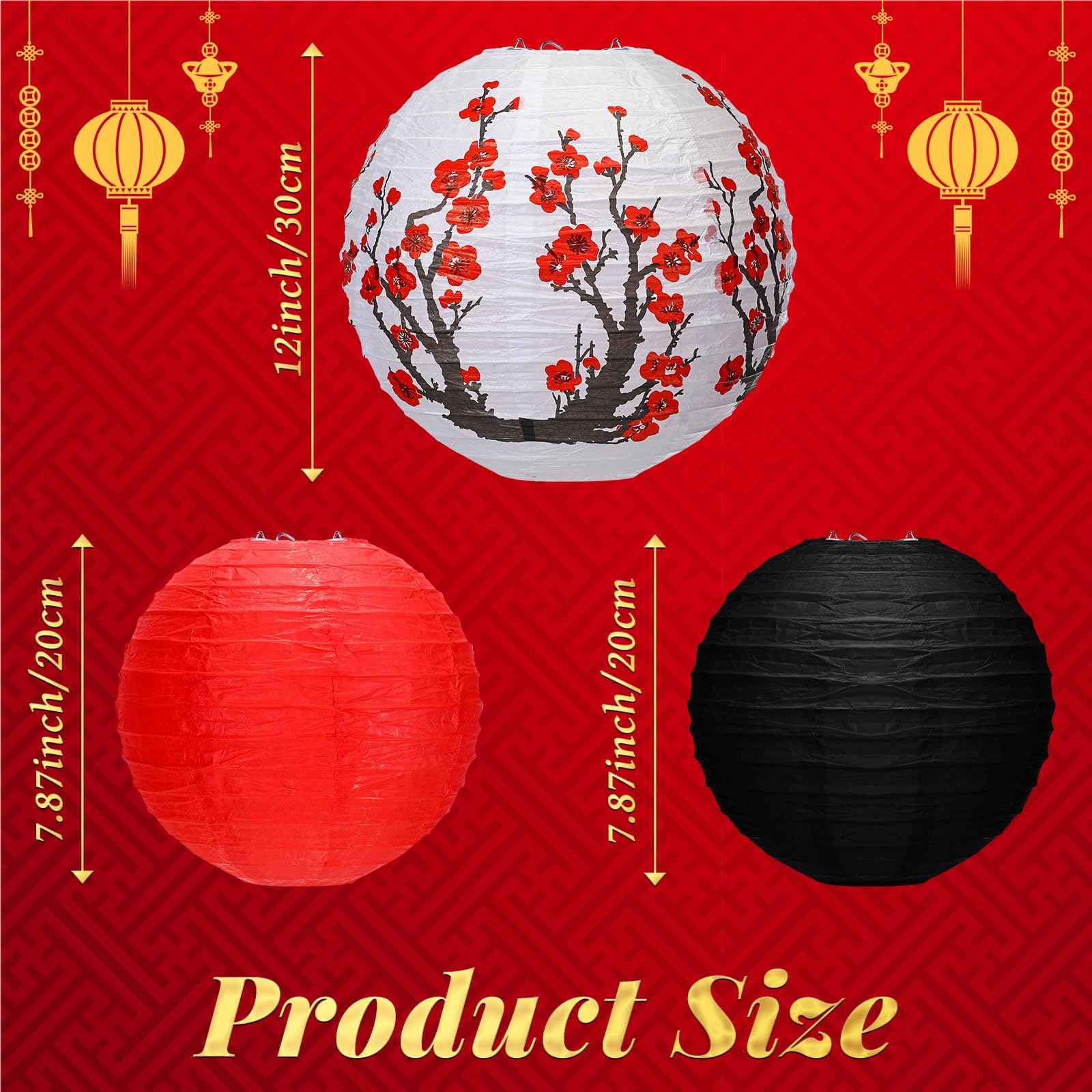 Mudder 20 Pieces Chinese Japanese Paper Lanterns Includes Cherry Flowers Paper Lanterns for Hibachi Birthday Party Asia Home Restaurant Wedding Decor(Red White and Black,Zen Style)