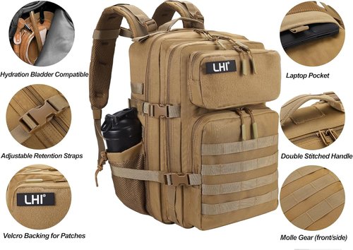 LHI Military Tactical Backpack - 45L Army Assault Pack with Molle System | Unisex Rucksack for 3-Day Trips