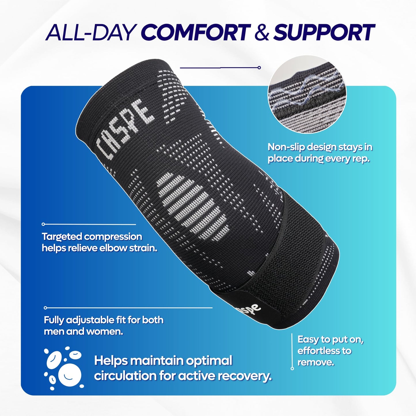 Caspe 2 Pack Elbow Compression Sleeve with Strap – Compression Sleeves for Women & Men, Arm Support, Elbow Brace for Tendonitis Relief, Support for Weightlifting & Workouts (Black, Large)