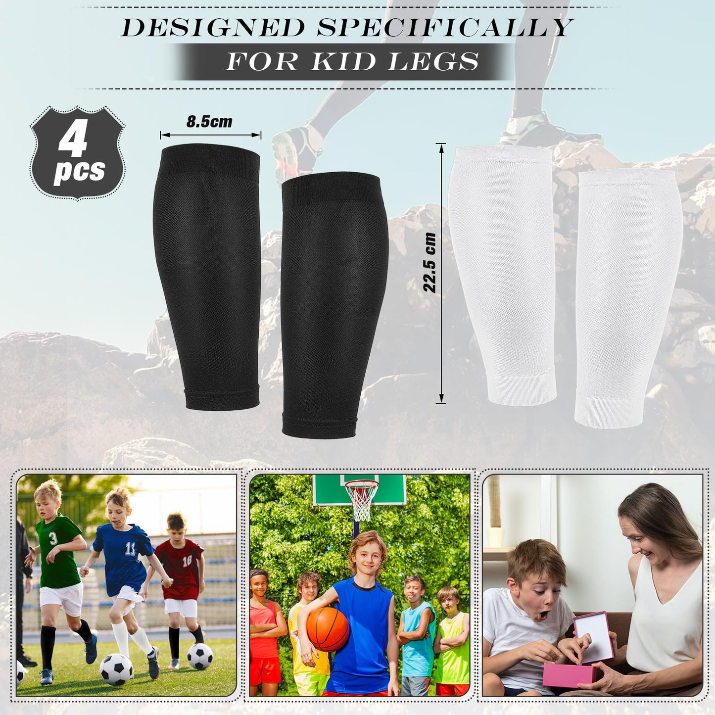 Tarpop 4 Pairs Kids Soccer Leg Sleeves Long Compression Leg Sleeves for Youth Football Protection Calf and Shin Support(Black, White)