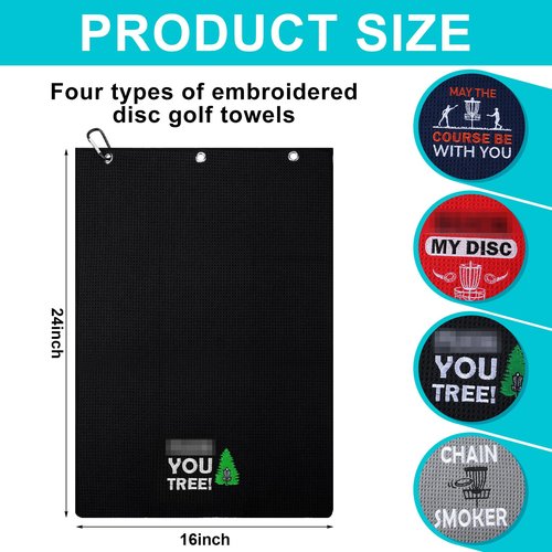 VitalCozy 4 Pcs Disc Golf Microfiber Towels with Carabiner Clip Embroidered Disc Golf Bag Towels Accessories for Men Women Sports Gift