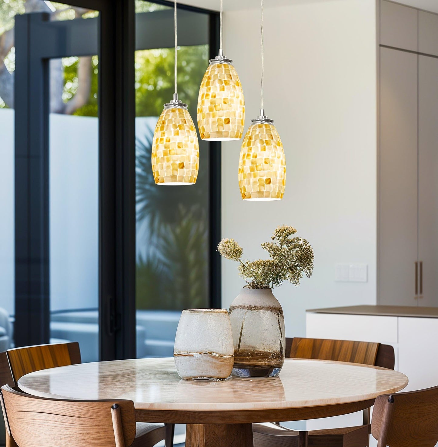 Kira Home Coast 9" Modern Oval Mini Pendant Light + Hand-Crafted Mosaic Sea Shell Glass, Brushed Nickel Finish/Neutral Color