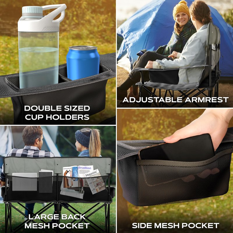 ZENTA GEAR Oversized Fully Padded Double Camping Chair, Portable Folding Loveseat w/Side & Back Pockets, Adjustable Armrests, Double-Sized Cup Holders for Outdoor, Indoor, Supports 530LBS (Black)