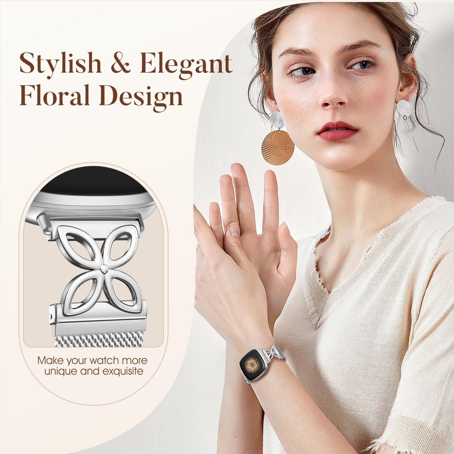 JKD Floral Shape Metal Band Compatible with Fitbit Versa 4 Bands for Women Men/Fitbit Sense 2 Bands, Stainless Steel Soft Mesh Loop Sports Strap for Fitbit Sense/Versa 3/Versa 4 Smartwatch, Silver