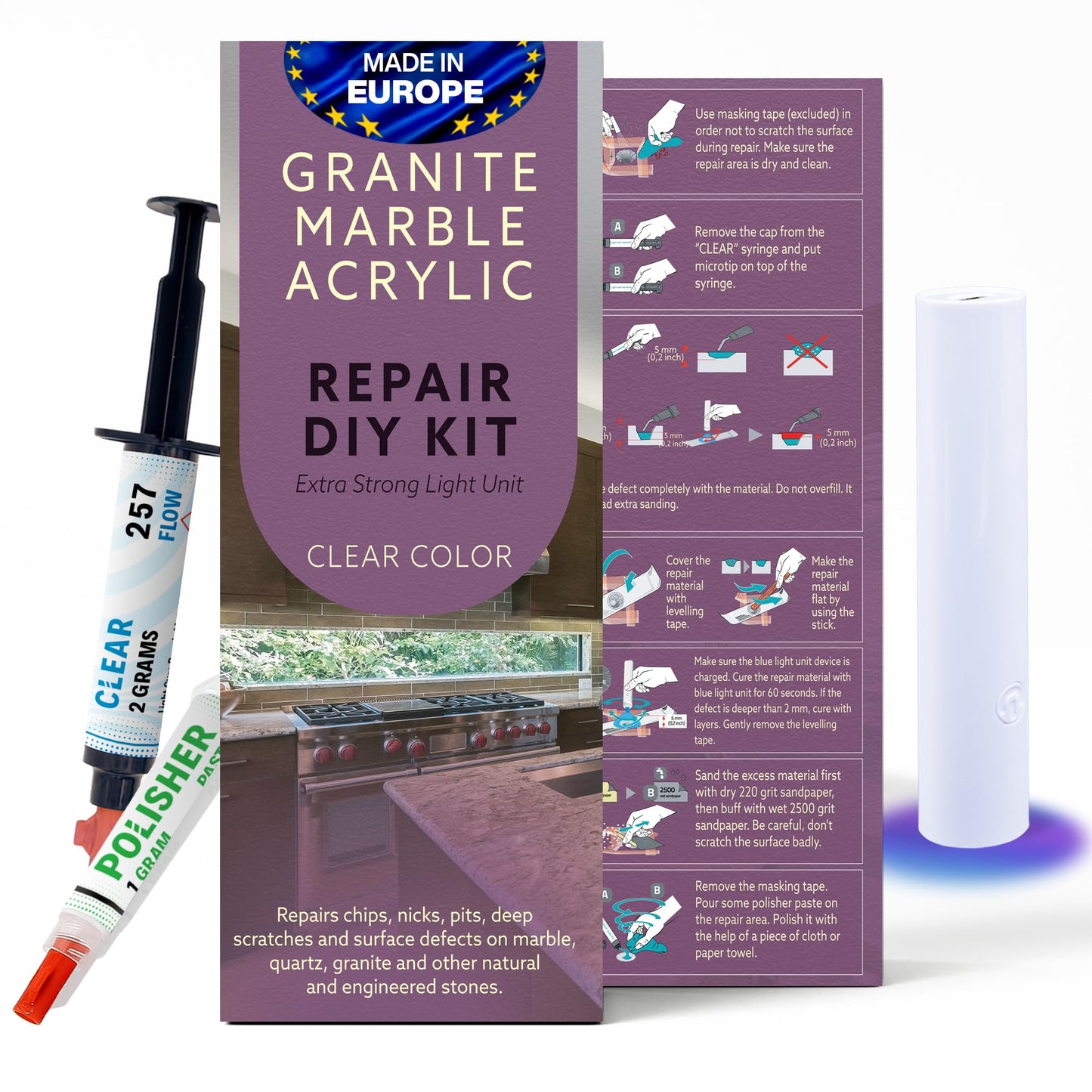 Granite, Marble and Acrylic Repair Kit (Clear/Transparent) - Fix Your Defects Like a Pro I Suitable for Most Repairs I Fix Broken Chips in Minutes