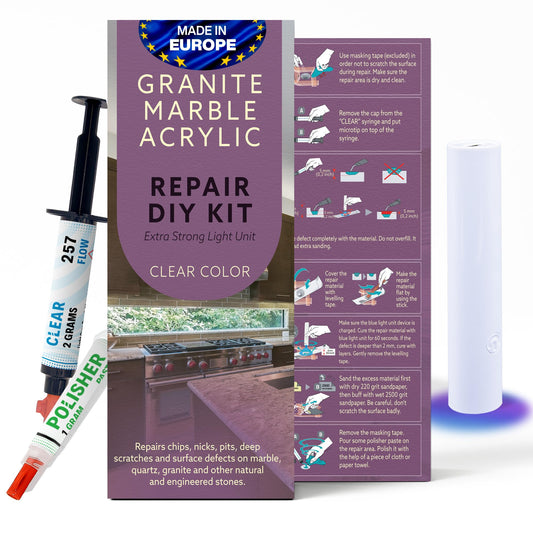 Granite, Marble and Acrylic Repair Kit (Clear/Transparent) - Fix Your Defects Like a Pro I Suitable for Most Repairs I Fix Broken Chips in Minutes