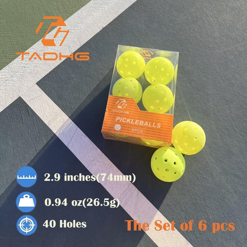 TADHG Pickleball 6-Pack Seamless PE Balls with Textured Surface Durable Game Balls for Consistent Bounce and Control for Indoor, Outdoor Use (Yellow, 6 Count)