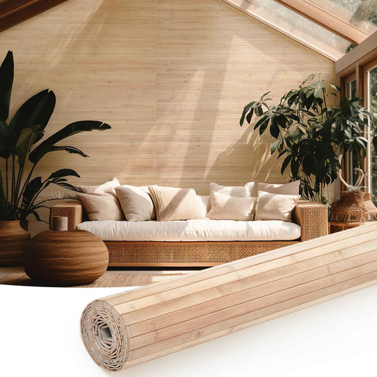 Juexica 1 Pcs Natural Bamboo Wall Panel for Interior Wall 48'' x 96'' Bamboo Covering Renewable Pole Wainscoting Room Divider Decor for Bedroom Living Room Kitchen Island Office (Light Carbonized)