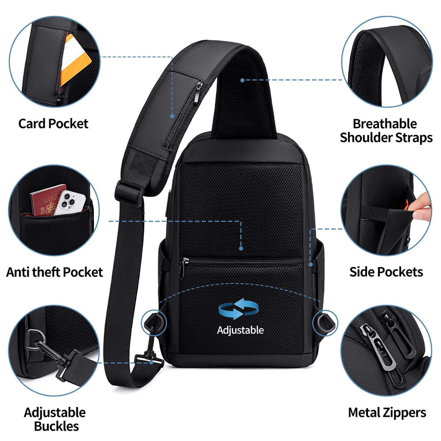 FENRUIEN Crossbody Sling Bag for Men, Water Resistant One Shoulder Backpack, Black Side Bag for Travel