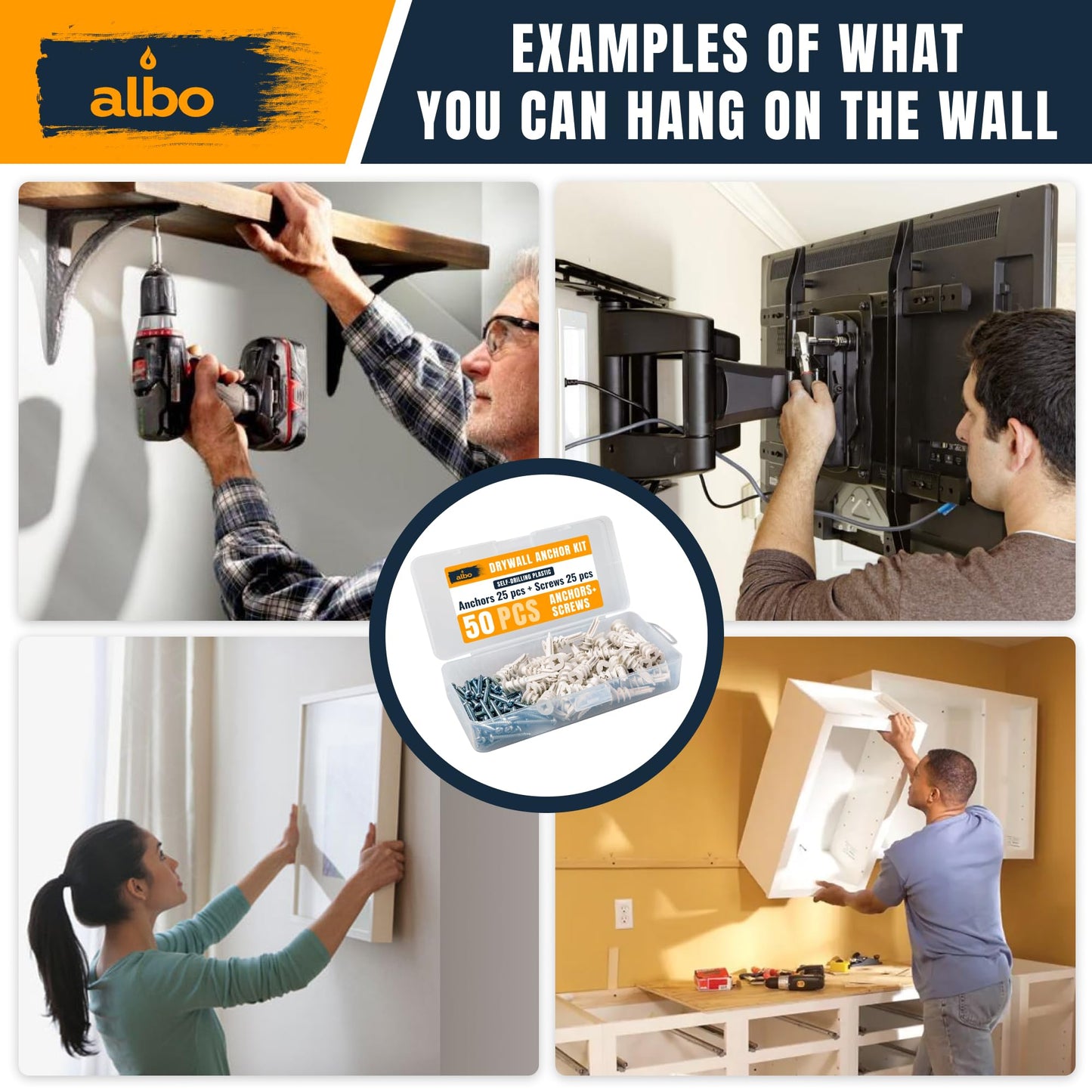 ALBO Self Drilling Drywall Anchor Set Hollow Wall with Screws 50 pcs. (White Anchor 25pcs + Screws 25pcs) Plastic E-Z Ancor Kit