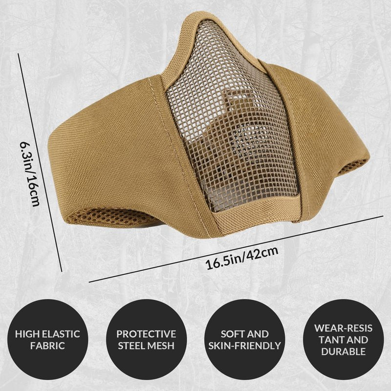 Airsoft Mesh Mask, Tactical Foldable Half Mesh Mask with Ear Protection, Adjustable Military Mesh Mask Lower Face Protective Mask for Airsoft Paintball Shooting Cosplay CS Game (Coyote Brown)