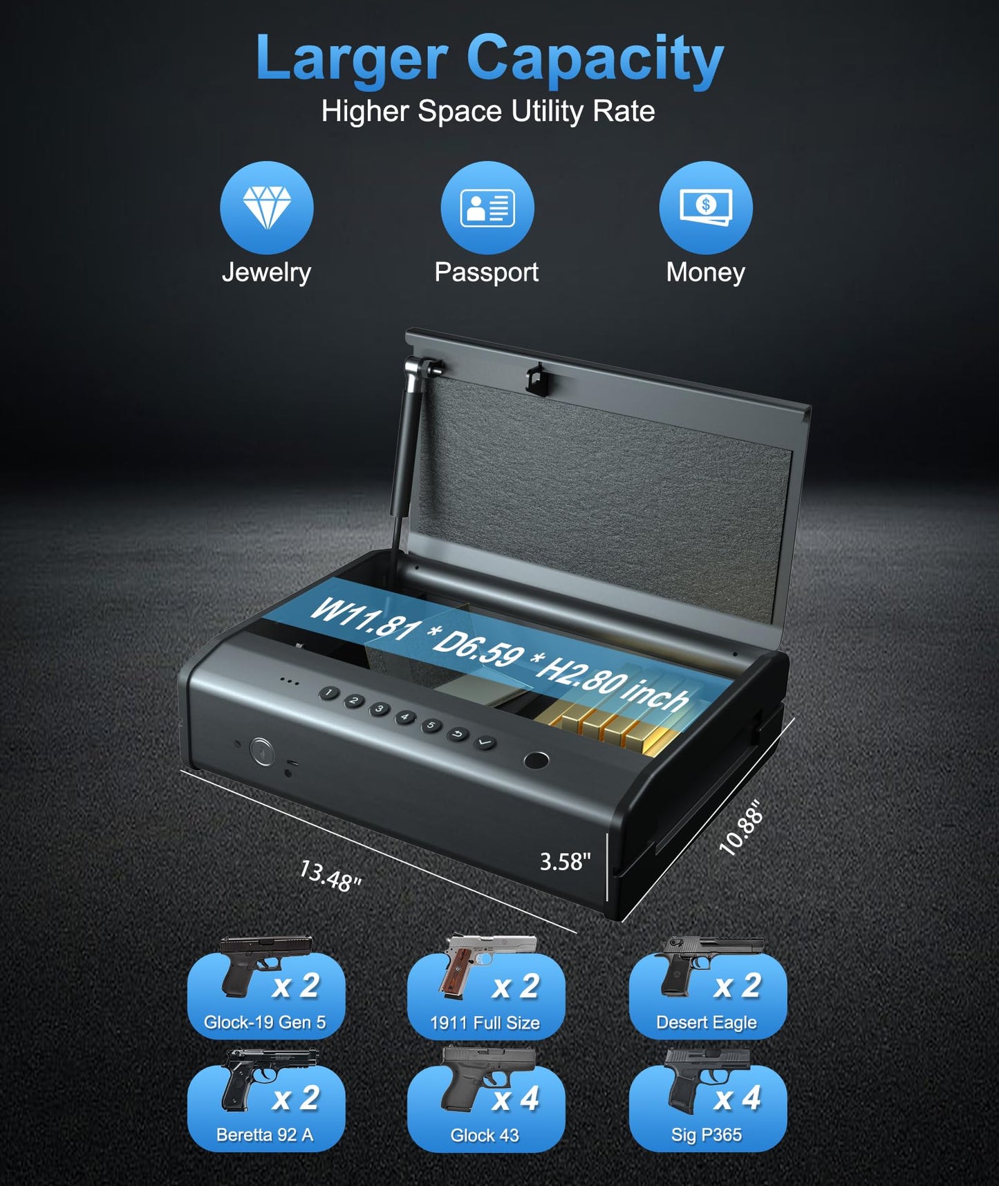 PINEWORLD Gun Safe For Handgun, Gun Case, Biometric Gun Safe For Car, Pistol Safes With Fingerprint|Passcode|Key Unlock, Full Voice Prompt Gun Lock Box with Cable, Charging Port