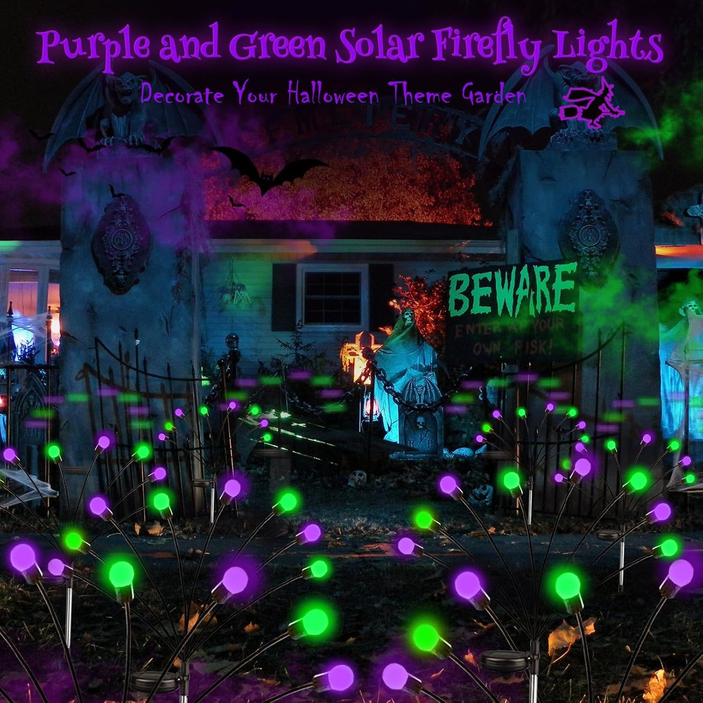 Solar Halloween Pathway Lights - 6 Pack Waterproof Firefly Decor in Orange, Purple & Green