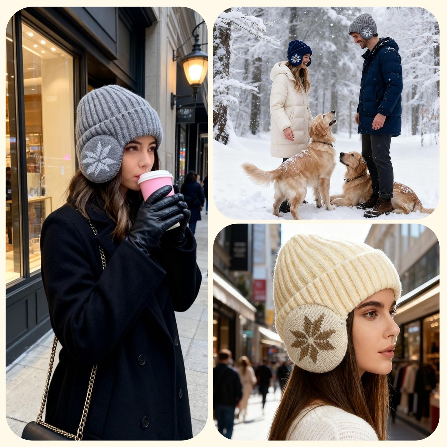 CSONFIT Winter Beanie Fleece Lined for Men Women, Unisex Thermal Knitted Ski Hat with Integrated Ear Hood, Warm Stretchable Skull Cap for Skiing, Snowboarding, Running, Daily Use (Beige)