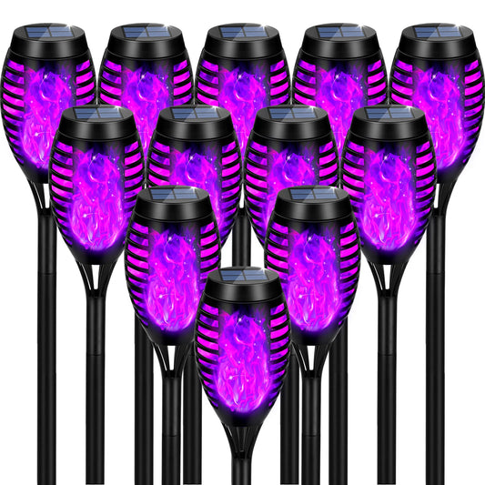 Tancuzo Solar Lights Outdoor, Upgraded 12 Pack Purple Solar Torch Light with Flickering Flame Waterproof for Garden Decor, Flame Torches for Outside Landscape Porch Yard Pathway Decorations