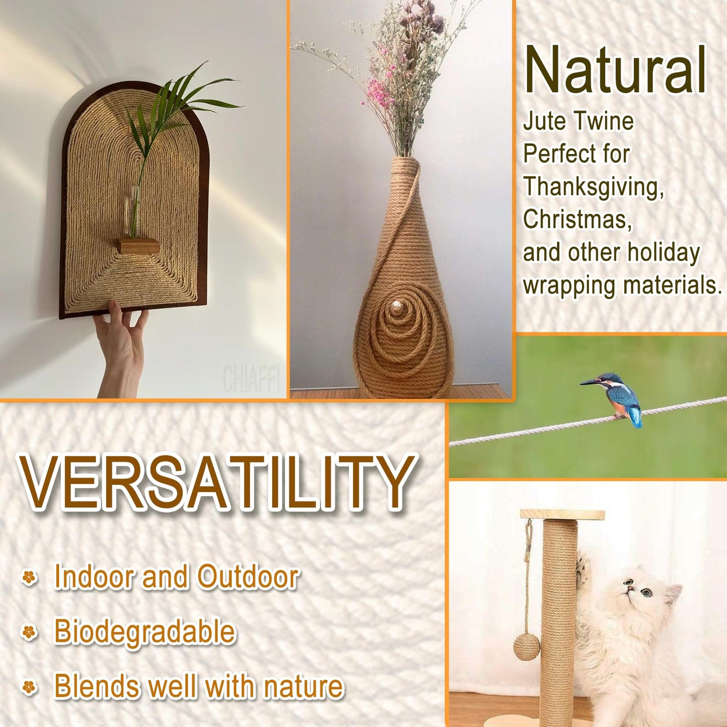 656 Feet 3Ply Jute Twine String, 2mm Natural Brown Thick Twine Rope for Crafts, Gardening, Tomato, Climbing Plant, Tie Floristry, Gift Wrapping Packing, Christmas, Wedding Decor