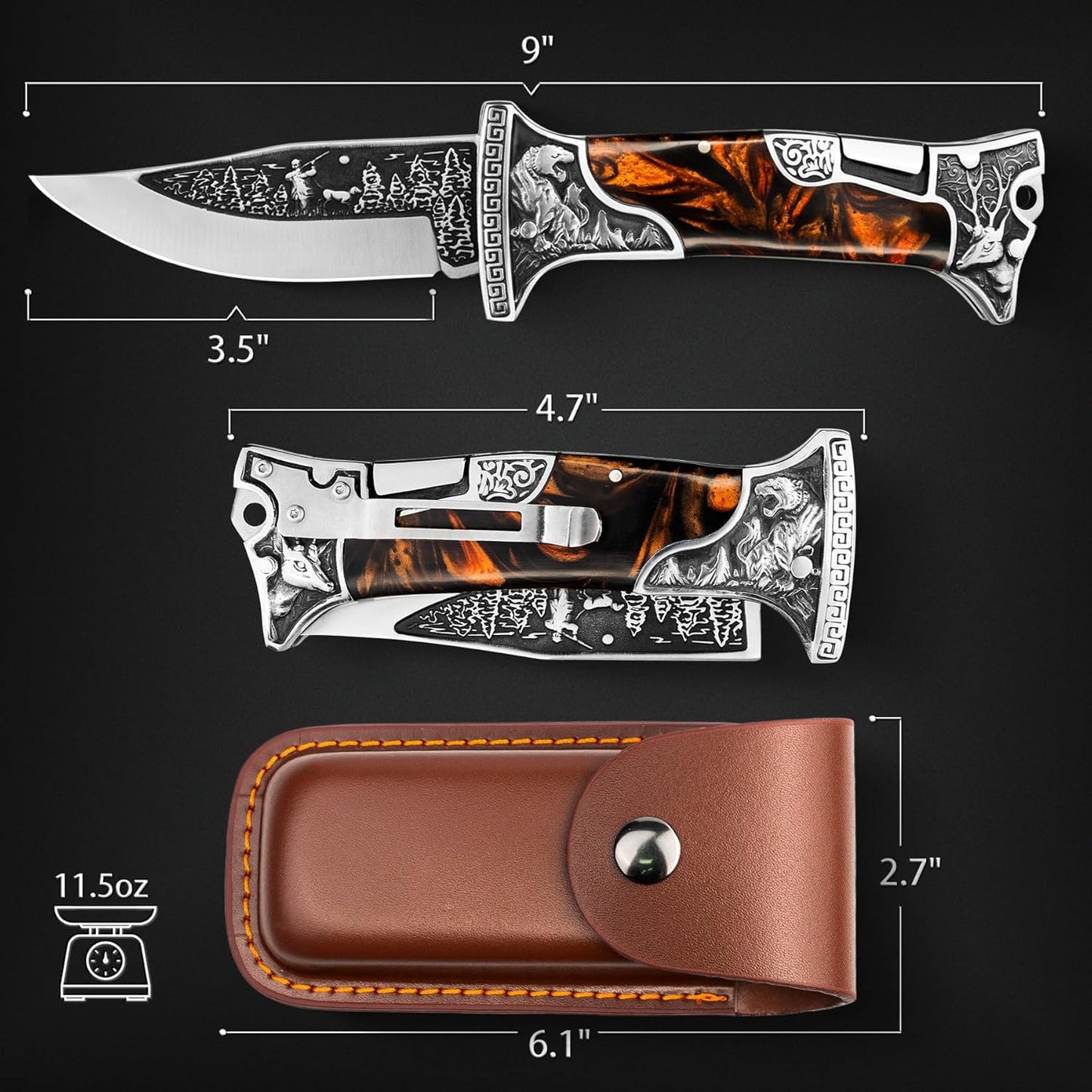 NedFoss TIGER ROAR Pocket Knife - Unique 3.5-Inch Engraved Folding Knife with Holster | Perfect Gift for Men