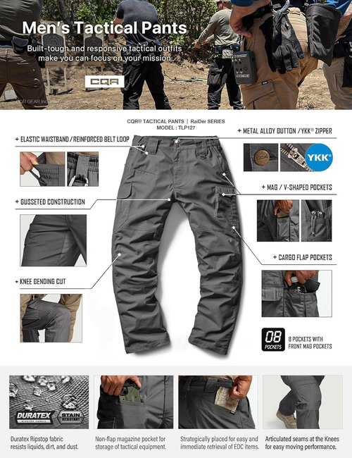 CQR Men's Tactical Pants - Water-Resistant Ripstop Cargo Design | Lightweight EDC Work & Hiking Wear