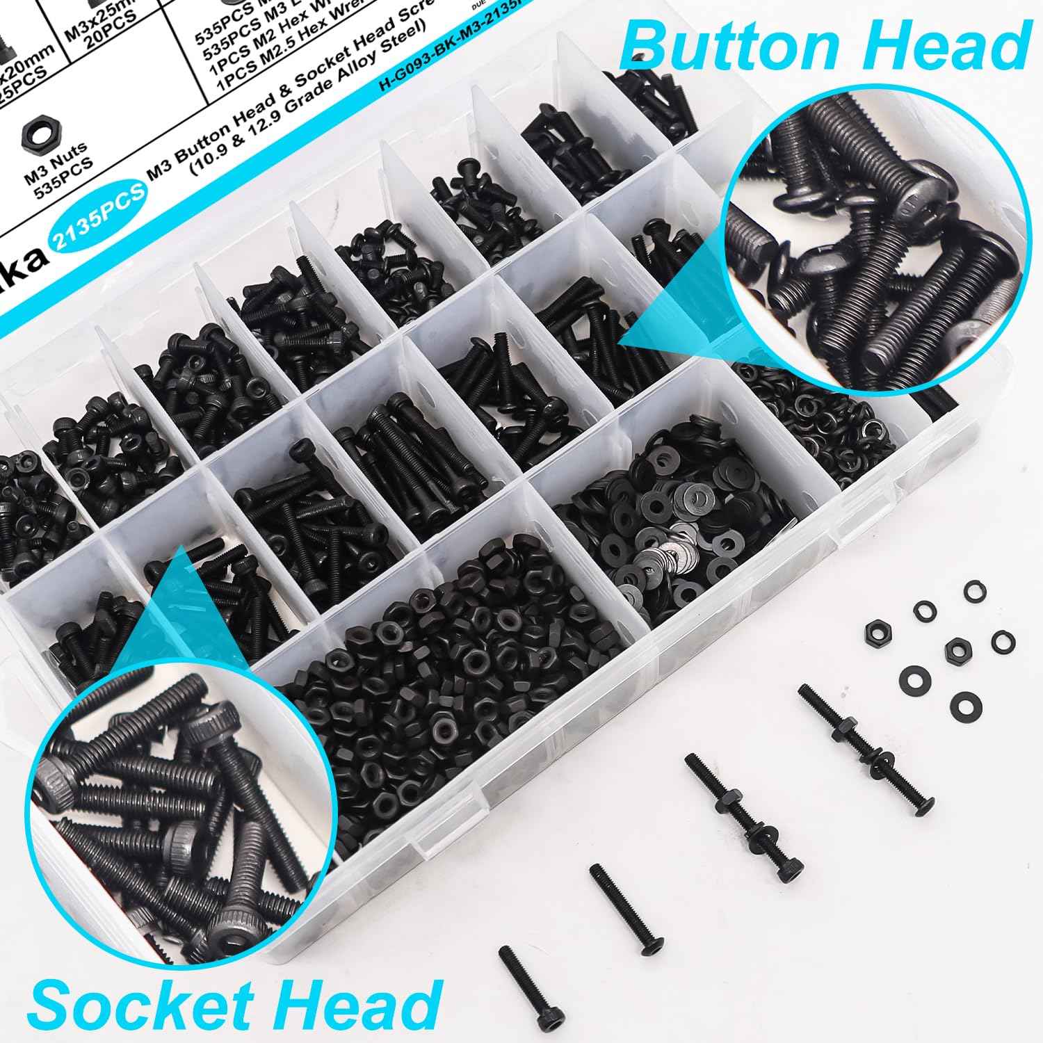 Bemaka 2135PCS Black M3 Metric Screw Assortment Kit, 5-35mm Button Head Screws and Socket Head Screws Bolts Nuts Washers Kit, 10.9 & 12.9 Grade Alloy Steel, M3 Bolts for 3D Printing