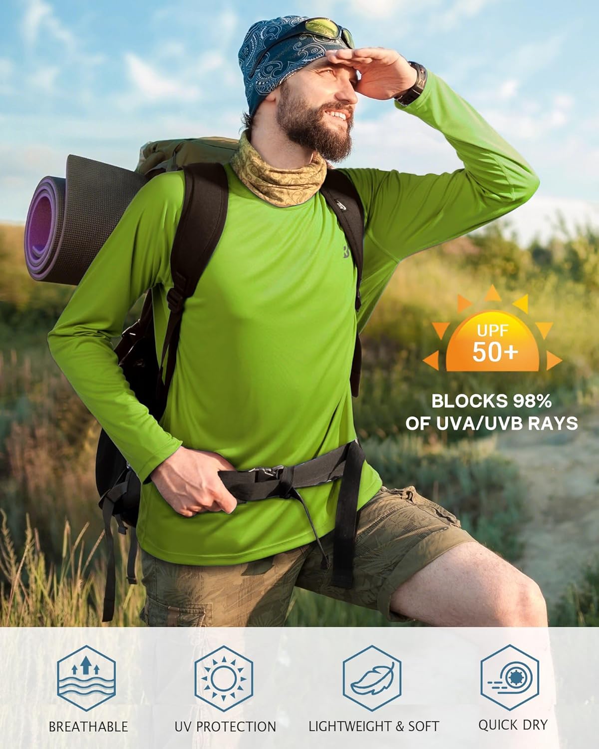 Roadbox Men's UPF 50+ UV Sun Protection Shirt - Long Sleeve SPF Rash Guard for Outdoor Activities