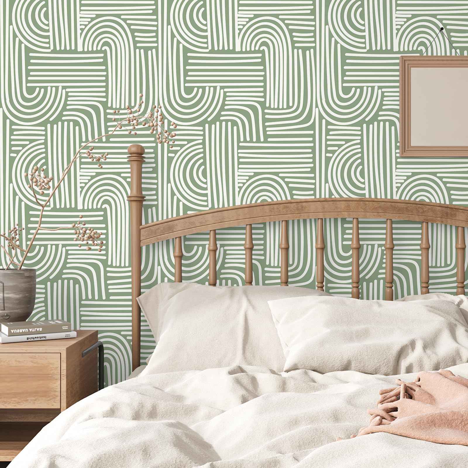 VEELIKE Sage Green Geometric Peel and Stick Wallpaper Boho Abstract Geometric Wallpaper for Bedroom Bathroom Accent Wall 17.7''x118'' Removable Art Deco Wall Paper Green Contact Paper for Cabinets