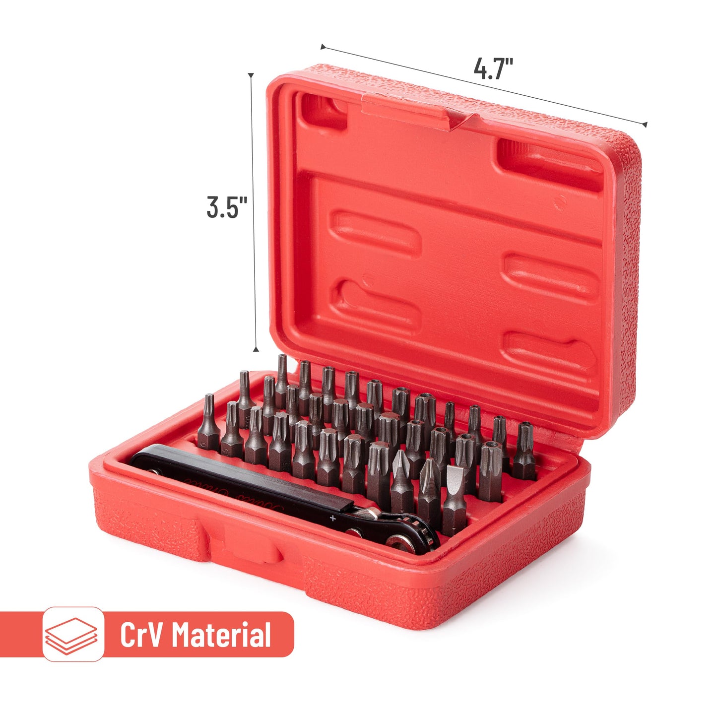 Bates Choice Mini Ratchet Set, 34 pcs, 1/4-Inch Drive, Cr-V Steel, Security Bit Set, Right Angle Screwdriver, 90 Degree Screwdriver, Torx Plus/Torx/Phillips/Slotted, Red Storage Box
