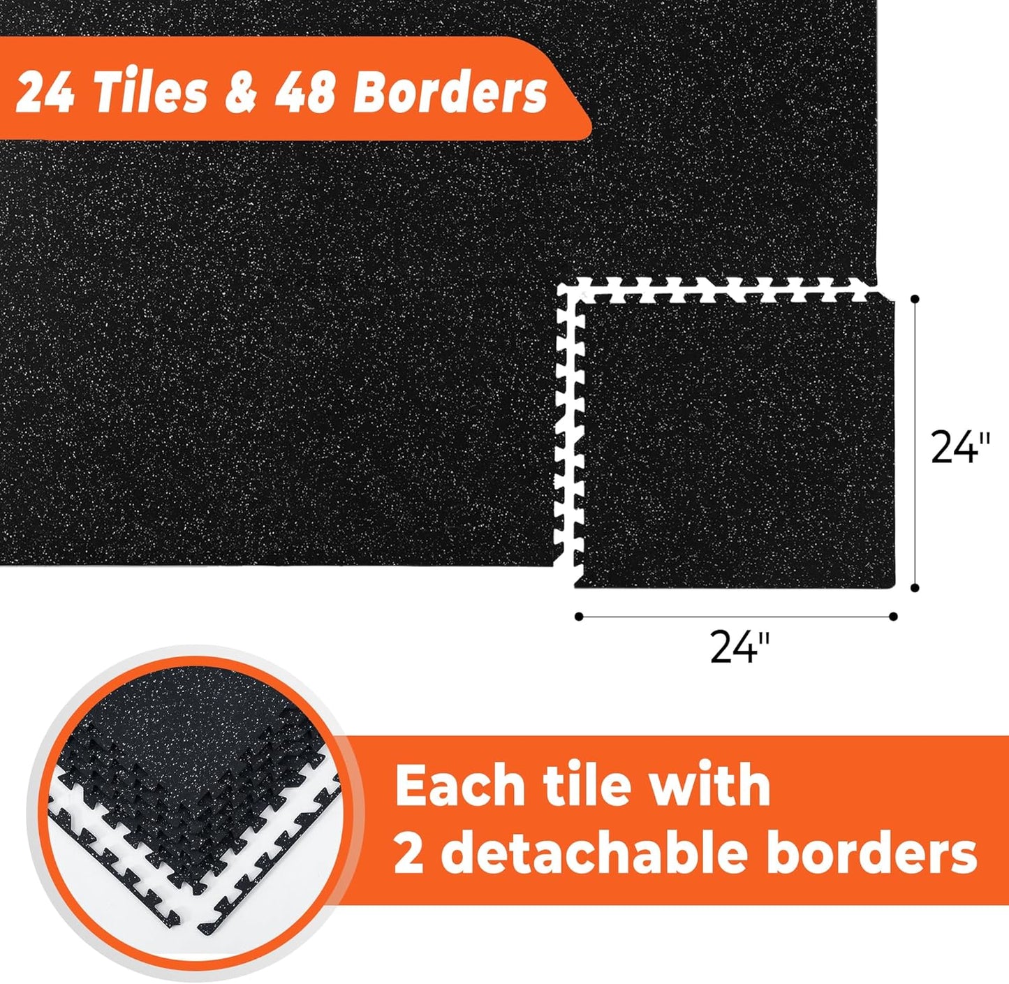 SUPERJARE Rubber Top Exercise Mats - 0.4'' Thick High Density EVA Foam | 24 Pcs, 96 Sq Ft, Black/Grey