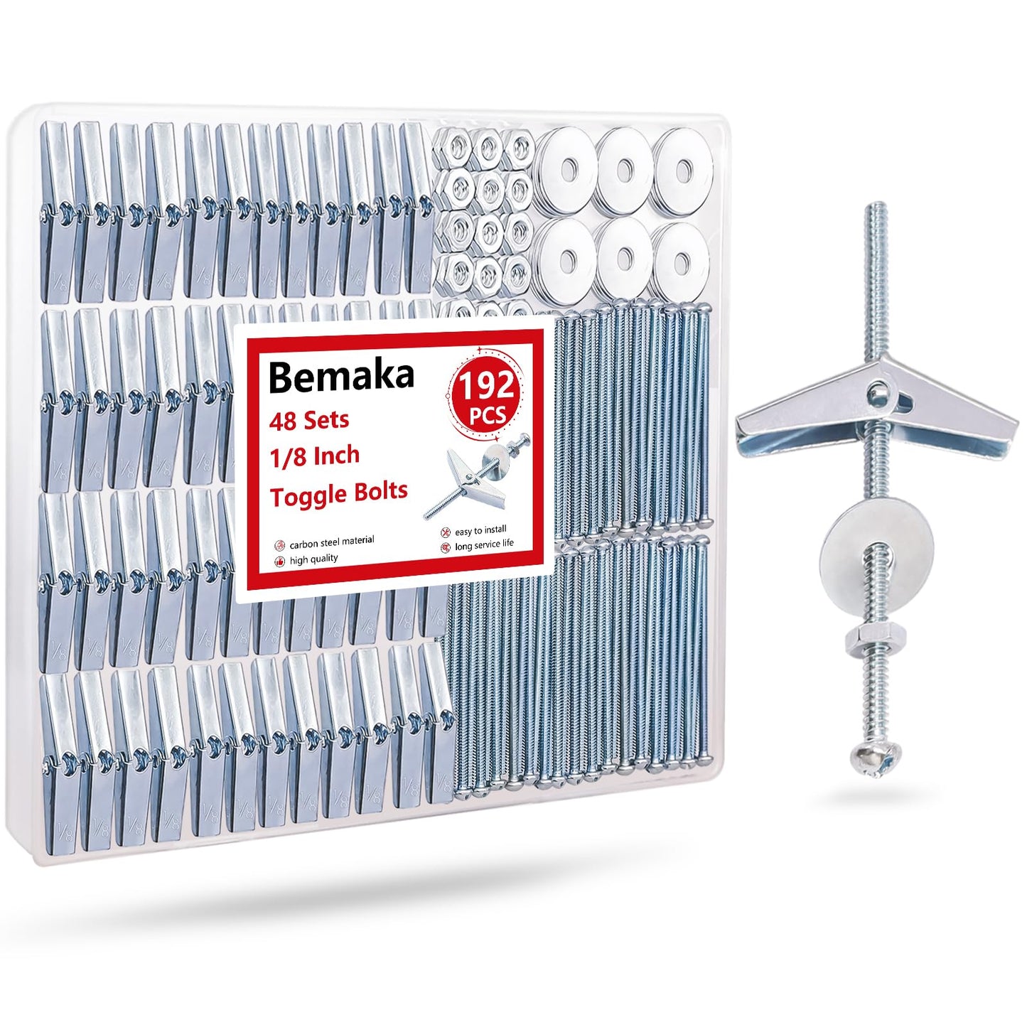 Bemaka 192Pcs 1/8 Inch Toggle Bolts, Heavy Duty Drywall Anchors and Screws Kit, Butterfly Anchors Toggle Bolts and Wing Nut Kit with Nuts Washers for Hollow Wall, Ceiling (48 Sets)