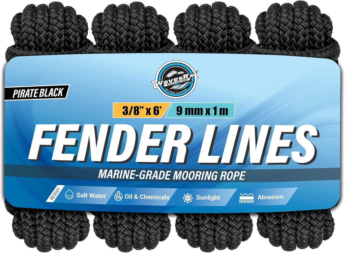 WavesRx Premium Fender Line - 3/8'' x 6' Double Braided Nylon Dock Lines (4 Pack) | Ideal for Boats & Pontoons