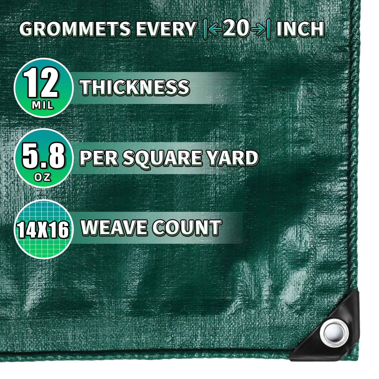TA*RP YXCN Green Heavy Duty Tarp 20x30 Feet, 12 Mil Thick Waterproof Poly Tarps Cover UV Resistant, Rip & Tear Proof with Metal Grommets Every 20 Inche
