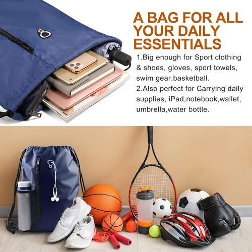 BeeGreen Navy Sports Gym Bag - Large Drawstring Backpack with Zippered Pocket & Mesh Water Bottle Pockets