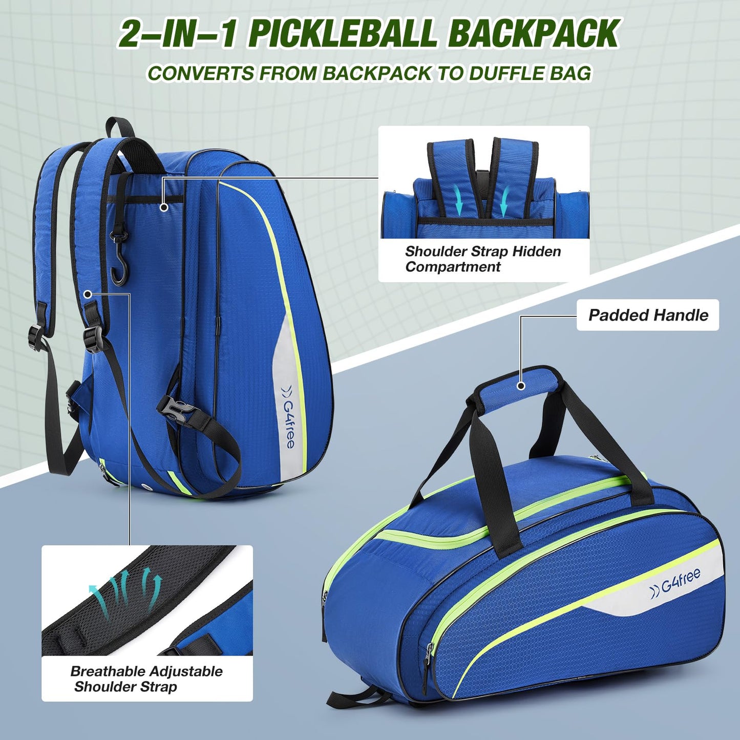 G4Free 2-in-1 Pickleball Bag Pickleball Backpack Pickle Ball Bag Holds 4+ Paddles for Women & Men with Fence Hook Thermal Insulation Compartment(Blue)
