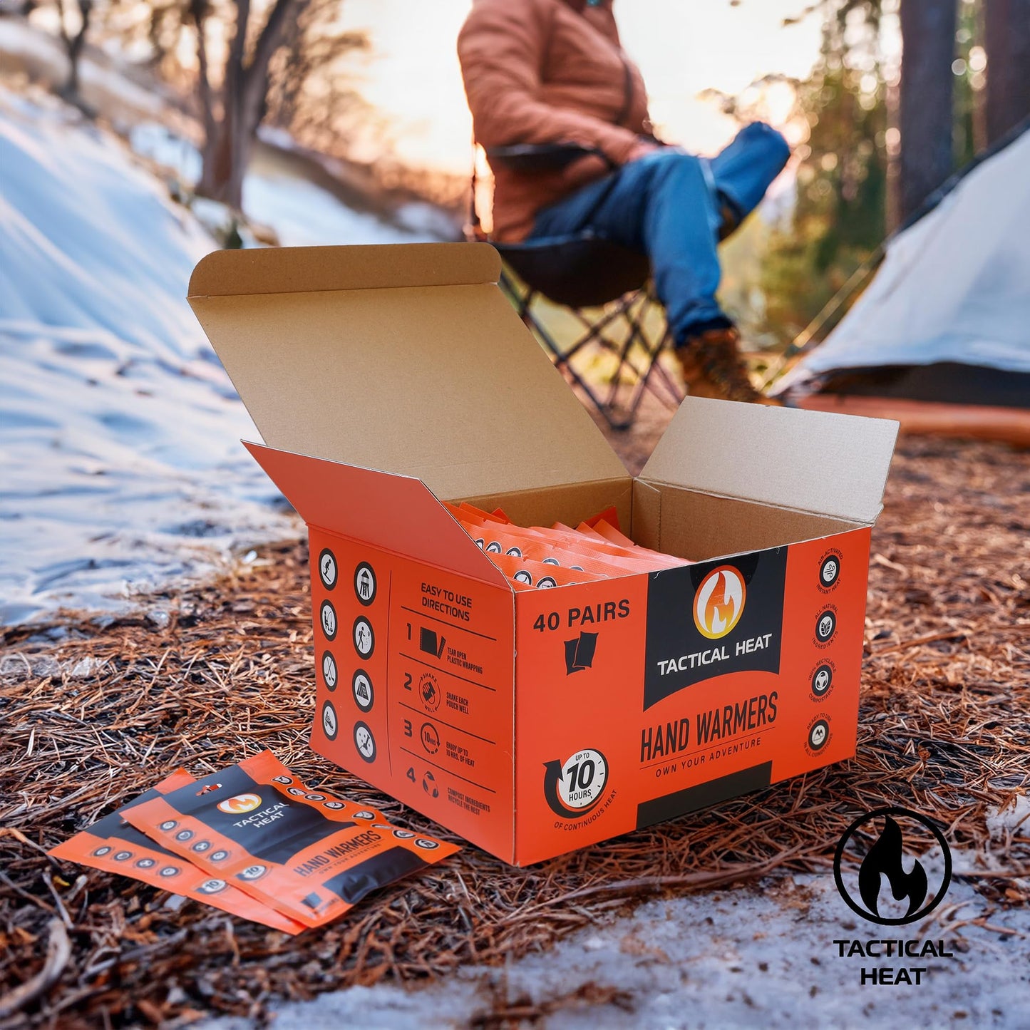 Tactical Heat - Hot Hand Warmers - All Natural, Air Activated Instant Heat - Disposable & 100% Recyclable/Compostable - Long Lasting, Easy & Safe for Skiing, Snowboarding, Camping & More - 40 Pairs