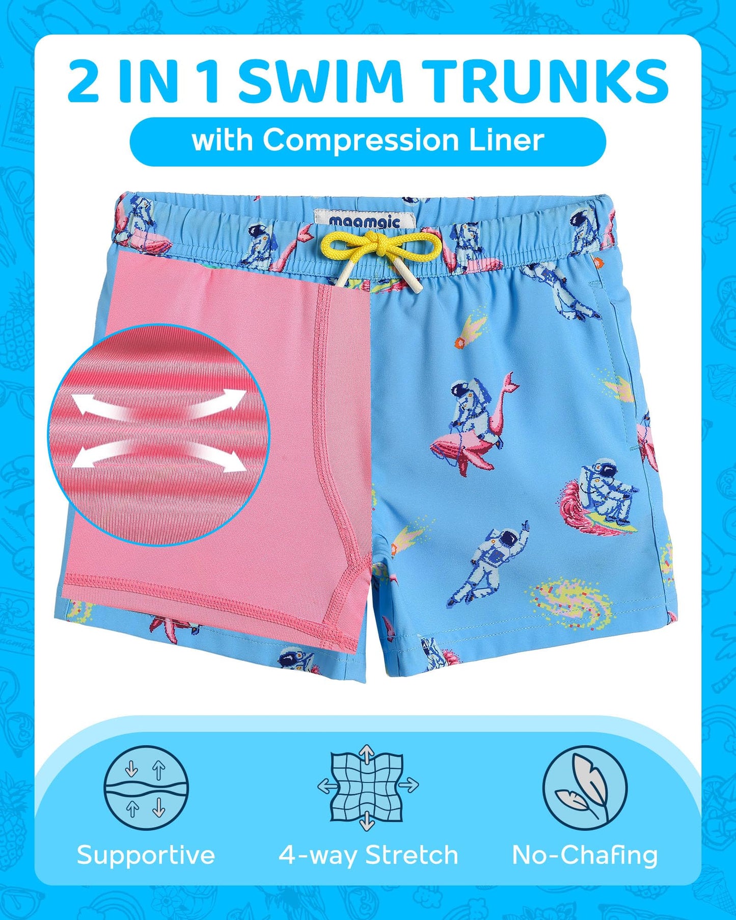 maamgic Boys Swim Trunks with Compression Liner Toddler Boy Swimsuit Quick Dry 4-Way Stretch Swimming Trunks Undersea Astronaut Blue 4T