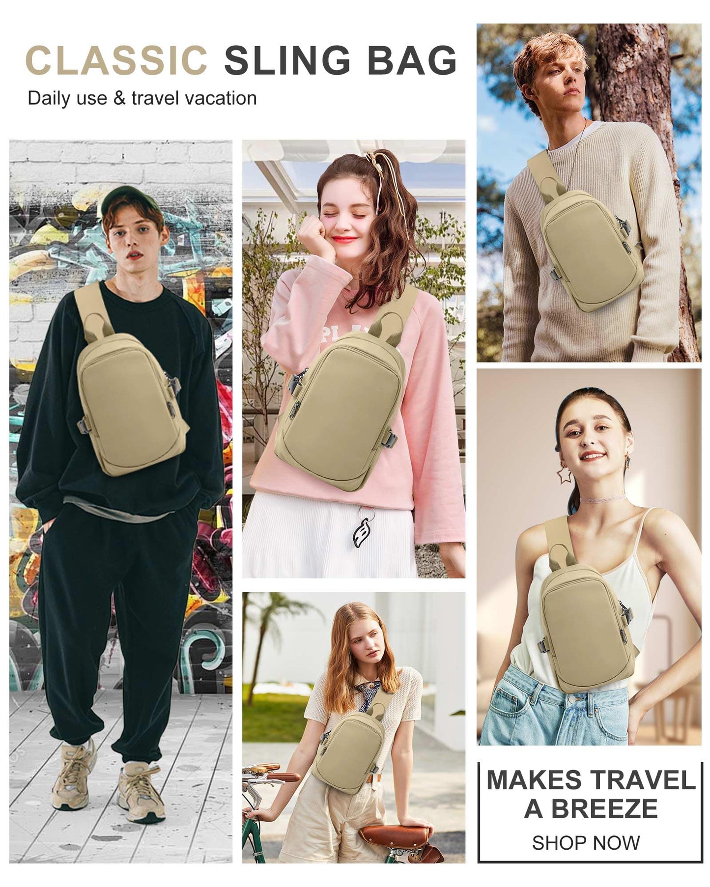 Sling Bag for Men Women, Mini Anti Theft One Strap Motorcycle Sling Backpack, Small Sling Chest Bag Daypack Crossbody Backpack for Casual Travel Hiking Gym Outdoor Sports Khaki