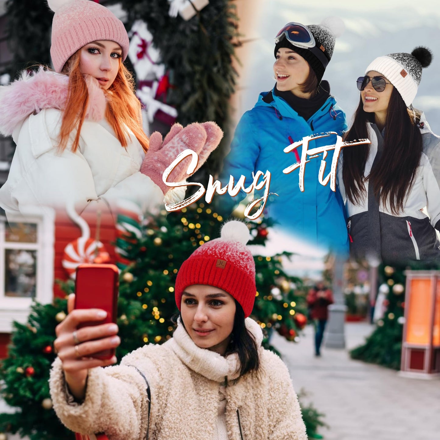 FZ FANTASTIC ZONE Womens Winter Hats Warm Knit Fleece Lined Cap Pompom Beanie Hats for Women Cold Weather Dark Green White