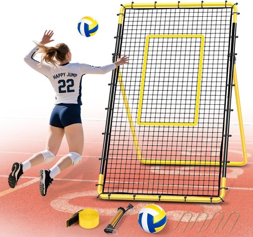 Happy Jump Portable Volleyball Rebounder Net - 7x4 FT Heavy-Duty Trainer with 5 Adjustable Angles & Volleyball