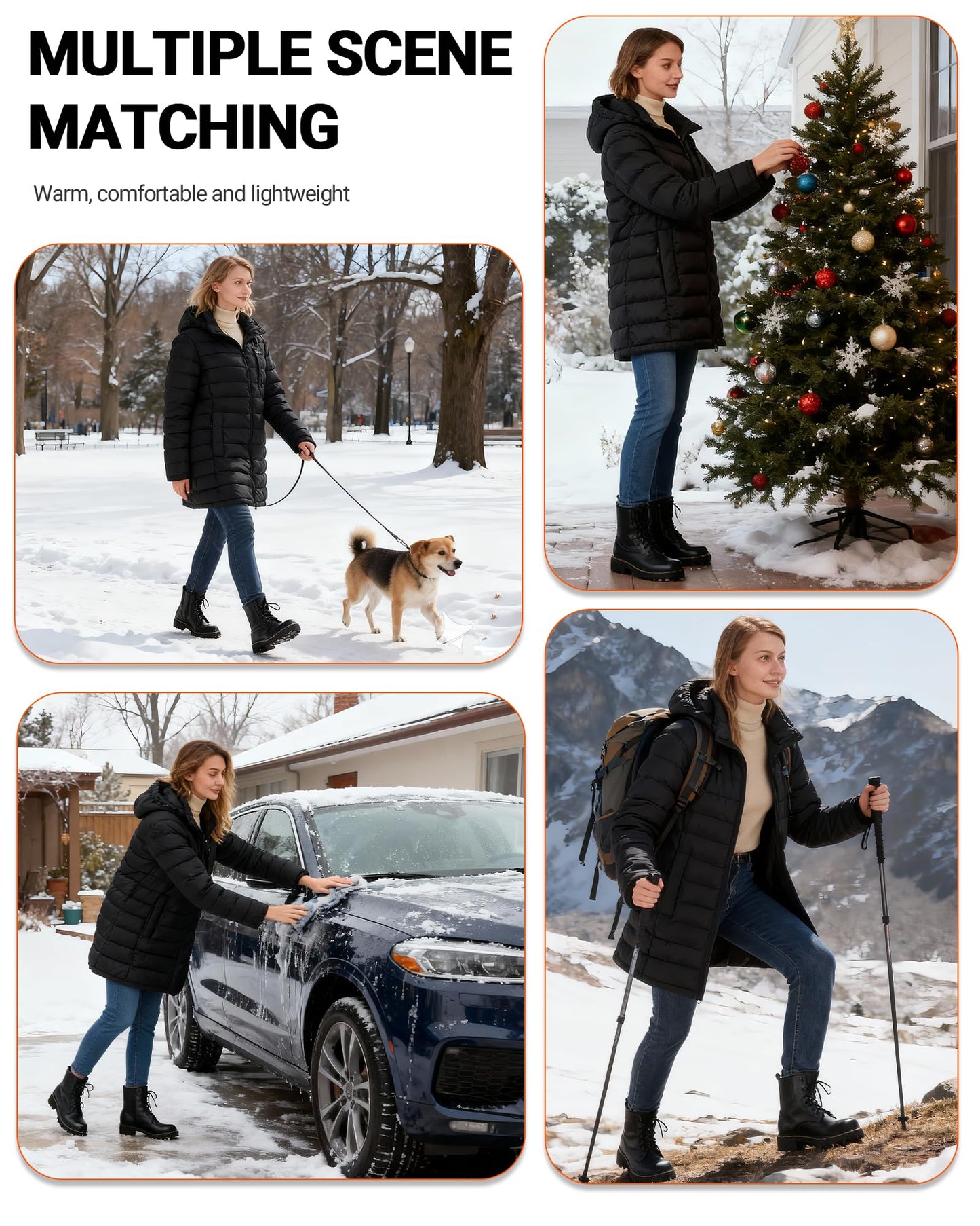 Hengriacly Graphene Heated Jacket for Women, Long Heated Coats for Women with Battery Pack 8 Heating Zones Detachable Hood