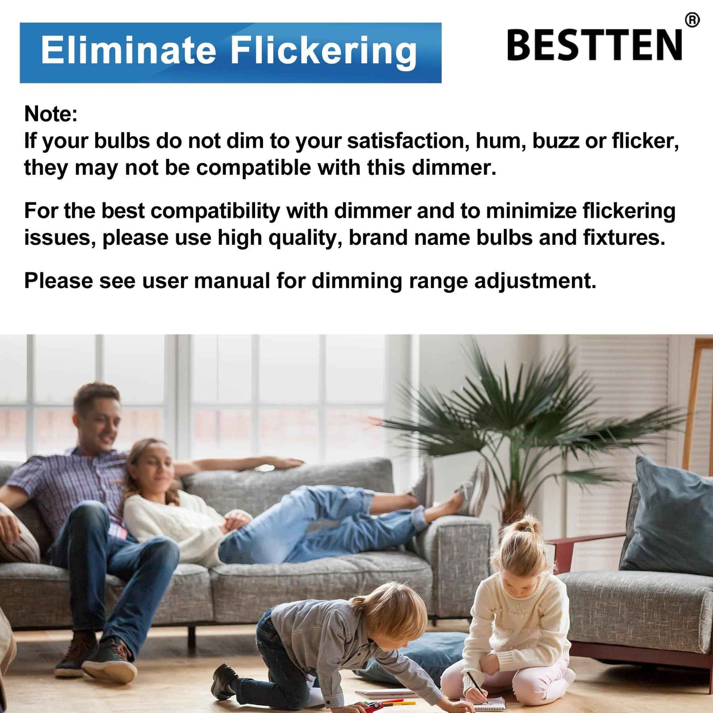 BESTTEN 10 Pack Dimmer Light Switch, for LED Dimmable Lamp, CFL, Incandescent, Halogen Bulb, Single Pole or 3-Way LED Slide Dimmer Switches, Screwless Wall Plate Included, UL Listed, White