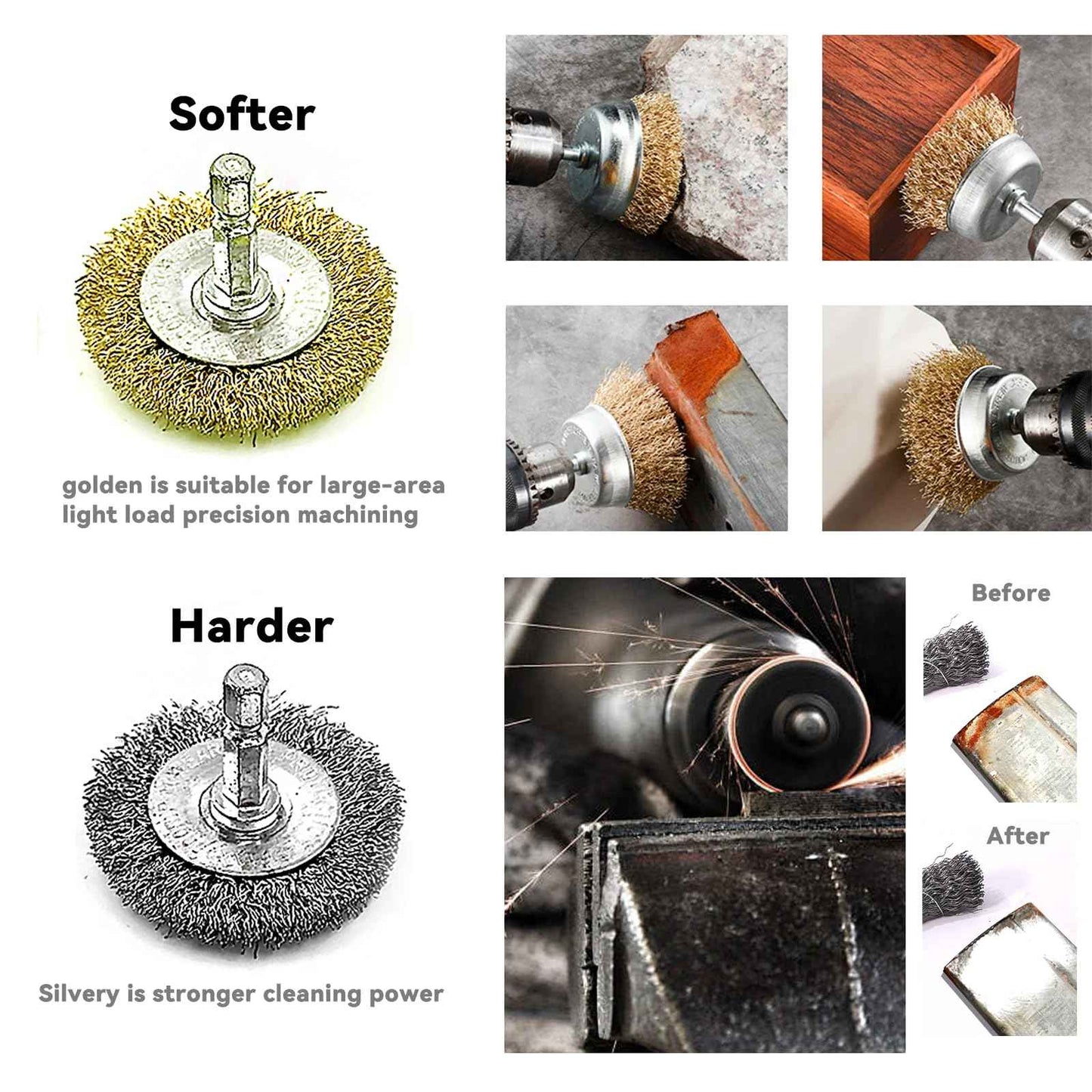 Daily Treasures 10 Pack Wire Wheel Cup Brush Set for Drill Abrasive with 1/4" Hex Shank,Extension Rod for Safty,Brass Coated Crimped Drill Sanding Attachment，Metal Brush for Drill Rust Removal