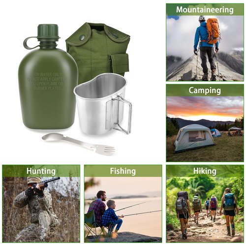 ShenDu Military Canteen, WWII US GI Style 1 Quart Water Canteen Kit with Aluminum Canteen Cup, Stainless Steel Spork & Cover for Camping, Hiking, Backpacking