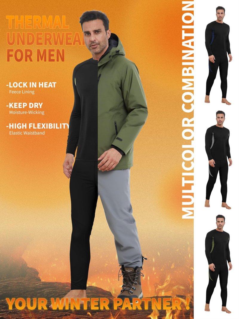VZV 3 Pack Thermal Underwear for Men Fleece Lined Long Johns for Men Thermal Underwear Base Layer Top and Bottom Set